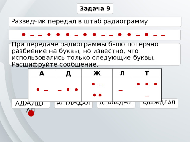 Задача 9 Разведчик передал в штаб радиограмму • – – • • • – • • – – • • – • – – При передаче радиограммы было потеряно разбиение на буквы, но известно, что использовались только следующие буквы. Расшифруйте сообщение. А • – Д – • • Ж Л • – •• Т –  • • • – АДАЖДЛАЛ ДЛАЛАДЖЛ АДЖЛДЛАЛ АЛТЛЖДАЛ 