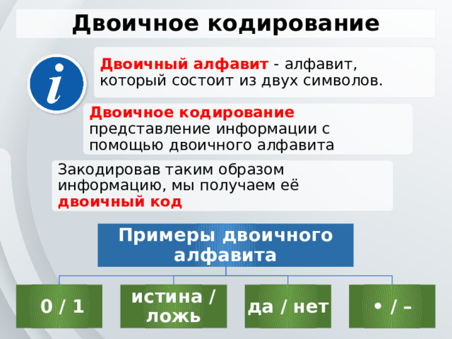 Двоичное кодирование Двоичный алфавит - алфавит, который состоит из двух символов. Двоичное кодирование представление информации с помощью двоичного алфавита Закодировав таким образом информацию, мы получаем её двоичный код Примеры двоичного алфавита  0 / 1 истина / ложь да / нет • / – 