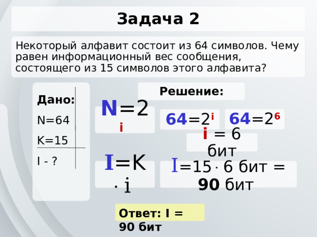 Задача 2 Некоторый алфавит состоит из 64 символов. Чему равен информационный вес сообщения, состоящего из 15 символов этого алфавита? Решение: Дано: N=64 K=15 I - ? N =2 i  64 =2 6  64 =2 i  i = 6 бит I =K  i  I =15  6 бит = 90 бит Ответ: I = 90 бит 