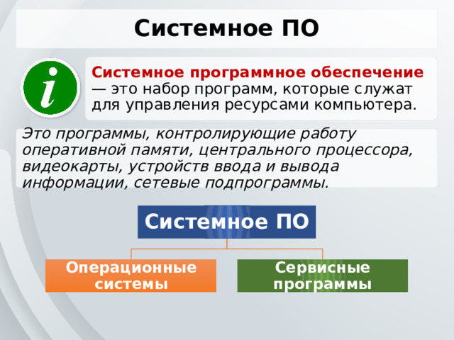 Системное ПО Системное программное обеспечение — это набор программ, которые служат для управления ресурсами компьютера. Это программы, контролирующие работу оперативной памяти, центрального процессора, видеокарты, устройств ввода и вывода информации, сетевые подпрограммы. Системное ПО Операционные системы Сервисные программы 