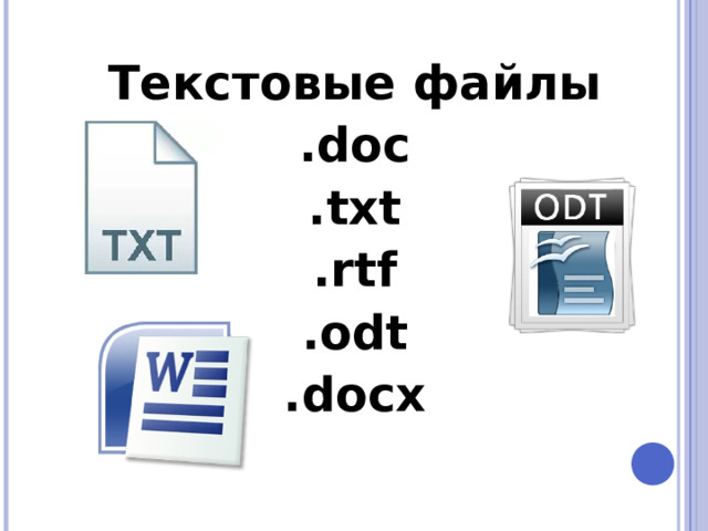 Текстовые файлы .doc .txt .rtf .odt .docx 