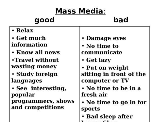 Mass Media :   good  bad  Relax  Get much information  Know all news Travel without wasting money  Study foreign languages  See interesting, popular programmers, shows and competitions     Damage eyes  No time to communicate  Get lazy  Put on weight sitting in front of the computer or TV  No time to be in a fresh air  No time to go in for sports  Bad sleep after horror films 