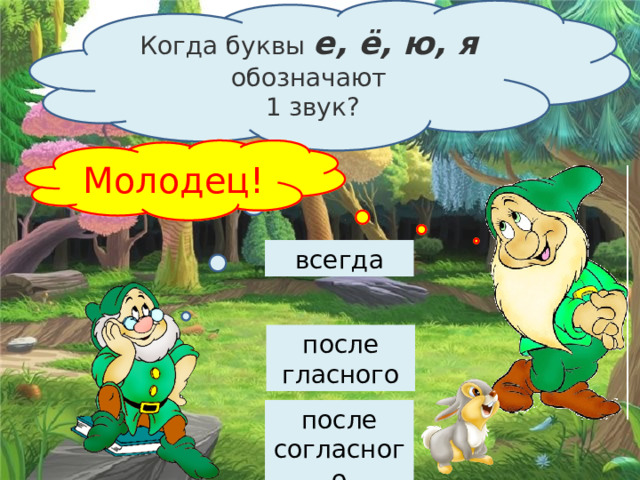 Когда буквы  е, ё, ю, я обозначают  1 звук? Подумай … Молодец! всегда после гласного после согласного 