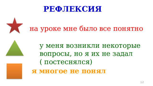 РЕФЛЕКСИЯ на уроке мне было все понятно у меня возникли некоторые вопросы, но я их не задал ( постеснялся) я многое не понял  