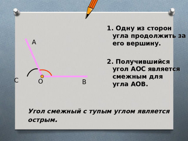 1. Одну из сторон угла продолжить за его вершину.  2. Получившийся угол АОС является смежным для угла АОВ. А С О В Угол смежный с тупым углом является острым . 