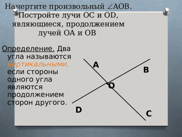 Начертите произвольный  AOB . Постройте лучи OC и OD , являющиеся, продолжением лучей ОА и ОВ Определение. Два угла называются вертикальными , если стороны одного угла являются продолжением сторон другого. А В О D С 