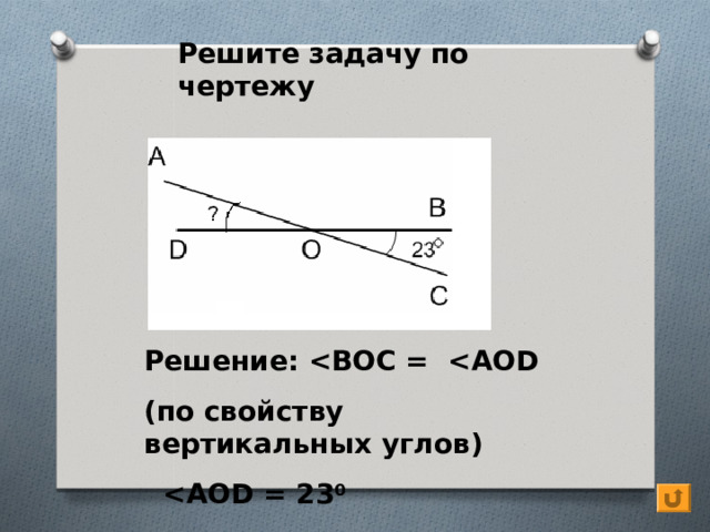 Решите задачу по чертежу Решение:  ( по свойству вертикальных углов )   0  