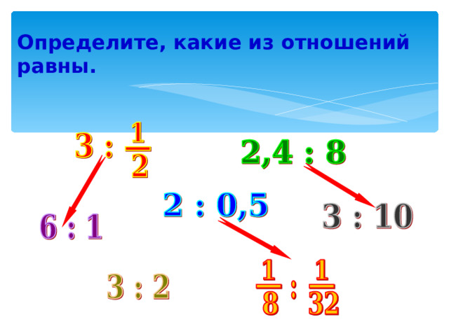 Определите, какие из отношений равны. Чтобы появилась стрелка, надо нажать на второе (нижнее) отношение 3 