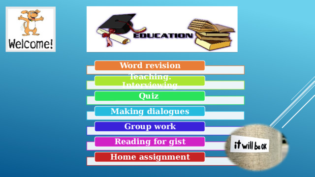 Word revision Teaching. Interviewing Quiz Making dialogues Group work Reading for gist Home assignment 