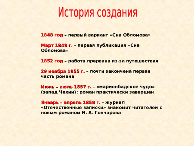 1848 год – первый вариант «Сна Обломова»  Март 1849 г. – первая публикация «Сна Обломова»  1852 год – работа прервана из-за путешествия  29 ноября 1855 г. – почти закончена первая часть романа  Июнь – июль 1857 г. – «мариенбадское чудо» (запад Чехии): роман практически завершен  Январь – апрель 1859 г. – журнал «Отечественные записки» знакомит читателей с новым романом И. А. Гончарова 