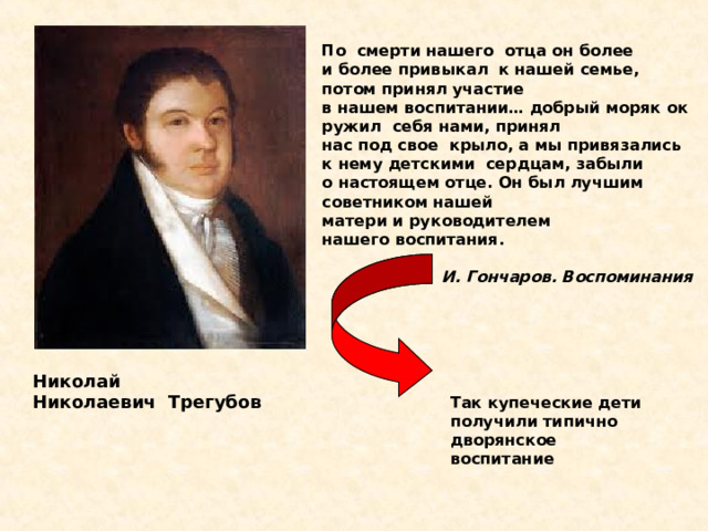 По  смерти нашего  отца он более  и более привыкал  к нашей семье, потом принял участие  в нашем воспитании… добрый моряк окружил  себя нами, принял  нас под свое  крыло, а мы привязались  к нему детскими  сердцам, забыли  о настоящем отце. Он был лучшим  советником нашей  матери и руководителем  нашего воспитания.  И. Гончаров. Воспоминания Николай  Николаевич  Трегубов   Так купеческие дети получили типично дворянское воспитание 