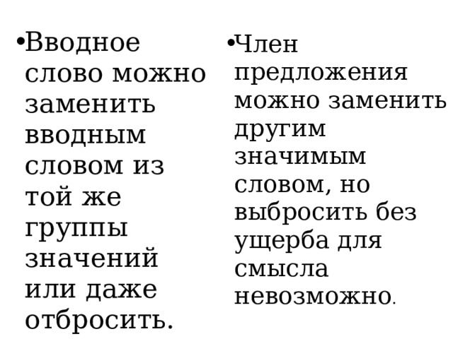 Вводное слово можно заменить вводным словом из той же группы значений или даже отбросить. Член предложения можно заменить другим значимым словом, но выбросить без ущерба для смысла невозможно . 