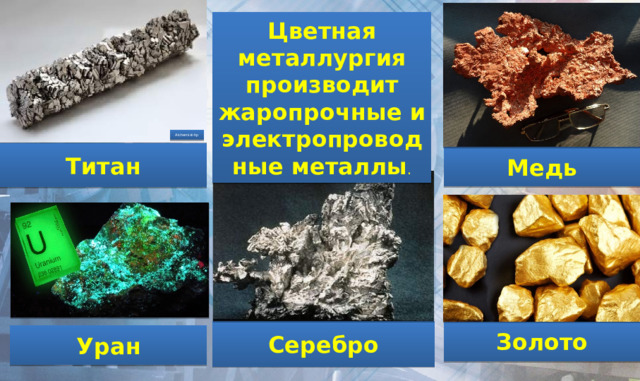 Цветная металлургия производит жаропрочные и электропроводные металлы . Alchemist-hp Титан Медь Серебро Золото Уран  