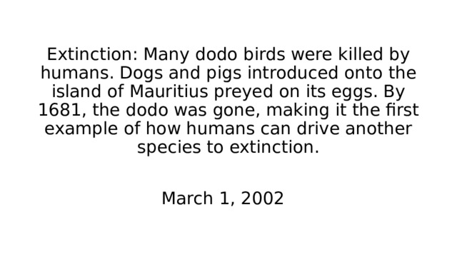 Extinction: Many dodo birds were killed by humans. Dogs and pigs introduced onto the island of Mauritius preyed on its eggs. By 1681, the dodo was gone, making it the first example of how humans can drive another species to extinction.   March 1, 2002  