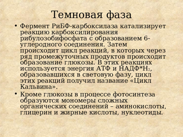 Темновая фаза Фермент РиБФ-карбоксилаза катализирует реакцию карбоксилирования рибулозобифосфата с образованием 6-углеродного соединения. Затем происходит цикл реакций, в которых через ряд промежуточных продуктов происходит образование глюкозы. В этих реакциях используется энергия АТФ и НАДФ*Н 2 , образовавшихся в световую фазу, цикл этих реакций получил название «Цикл Кальвина». Кроме глюкозы в процессе фотосинтеза образуются мономеры сложных органических соединений – аминокислоты, глицерин и жирные кислоты, нуклеотиды. 
