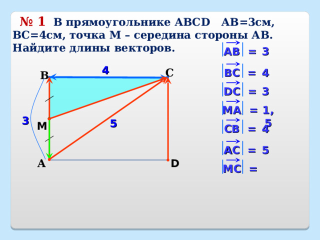  № 1   В прямоугольнике АВС D АВ=3см, ВС=4см, точка М – середина стороны АВ. Найдите длины векторов. 3 АВ = 4 С 4 В C = В 3 D С = M А = 1,5 3 5 M 4 СВ = АС = 5 D А М C = 15 