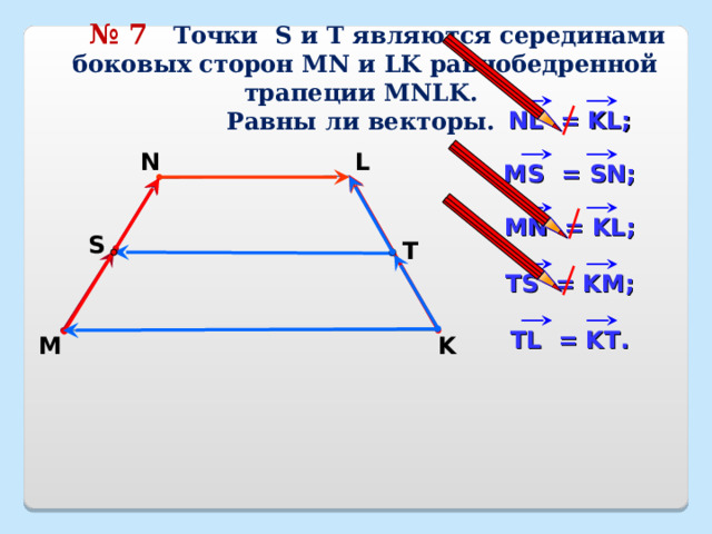  № 7   Точки S и Т являются серединами боковых сторон MN и LK равнобедренной трапеции MNLK.  Равны ли векторы. NL = KL ; N L MS = SN ; MN = KL ; S T TS = KM; TL = KT. M K 21 