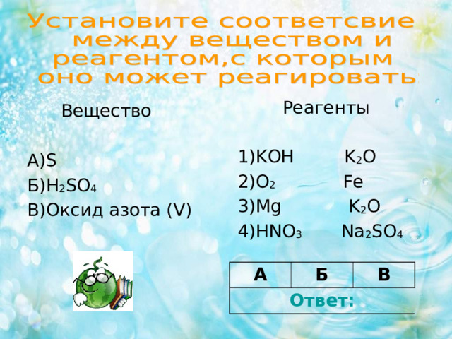  Реагенты 1) KOH K 2 O 2) O 2 Fe 3) Mg K 2 O 4) HNO 3 Na 2 SO 4  Вещество А) S Б) H 2 SO 4 В)Оксид азота (V) А Ответ: Б В 