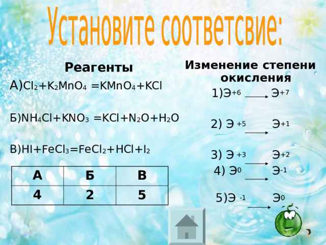 Изменение степени окисления 1)Э + 6   Э + 7 2) Э + 5  Э + 1 3) Э + 3   Э + 2 4 ) Э 0  Э - 1 5)Э - 1  Э 0 Реагенты А) Cl 2 +K 2 MnO 4 =KMnO 4 +KCl Б )NH 4 Cl+KNO 3 =KCl+N 2 O+H 2 O В )HI+FeCl 3 =FeCl 2 +HCl+I 2 А 4 Б 2 В 5 