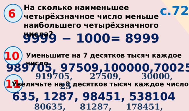 с.72 На сколько наименьшее четырёхзначное число меньше наибольшего четырёхзначного числа?  6  9999 − 1000= 8999 10 Уменьшите на 7 десятков тысяч каждое число.  989705, 97509,100000,70025  919705, 27509, 30000, 25 11 Увеличьте на 8 десятков тысяч каждое число.  635, 1287, 98451, 538104 80635, 81287, 178451, 618104 