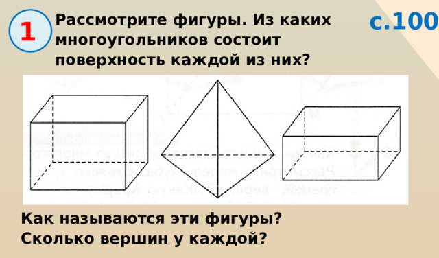 с.100 Рассмотрите фигуры. Из каких многоугольников состоит поверхность каждой из них?  1 Как называются эти фигуры? Сколько вершин у каждой? 