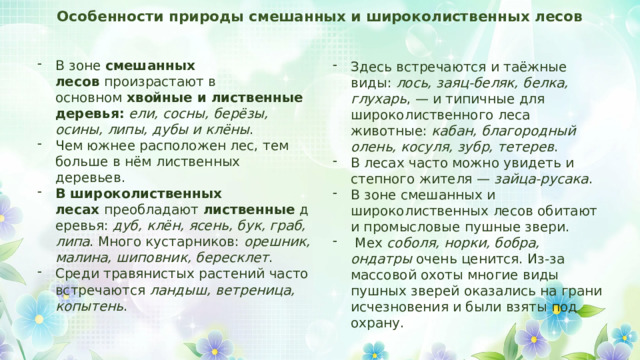 Особенности природы смешанных и широколиственных лесов В зоне  смешанных лесов  произрастают в основном  хвойные и лиственные деревья:   ели, сосны, берёзы, осины, липы, дубы и клёны . Чем южнее расположен лес, тем больше в нём лиственных деревьев. В широколиственных лесах  преобладают  лиственные  деревья:  дуб, клён, ясень, бук, граб, липа . Много кустарников:  орешник, малина, шиповник, бересклет . Среди травянистых растений часто встречаются  ландыш, ветреница, копытень . Здесь встречаются и таёжные виды:  лось, заяц-беляк, белка, глухарь , — и типичные для широколиственного леса животные:  кабан, благородный олень, косуля, зубр, тетерев . В лесах часто можно увидеть и степного жителя —  зайца-русака . В зоне смешанных и широколиственных лесов обитают  и промысловые пушные звери.  Мех  соболя, норки, бобра, ондатры  очень ценится. Из-за массовой охоты многие виды пушных зверей оказались на грани исчезновения и были взяты под охрану. 