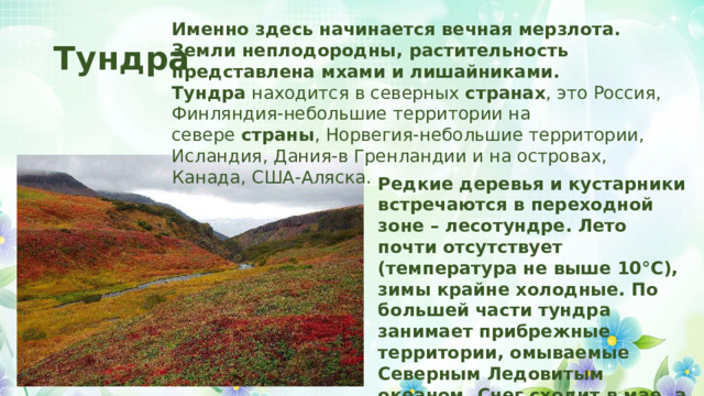 Именно здесь начинается вечная мерзлота. Земли неплодородны, растительность представлена мхами и лишайниками. Тундра  находится в северных  странах , это Россия, Финляндия-небольшие территории на севере  страны , Норвегия-небольшие территории, Исландия, Дания-в Гренландии и на островах, Канада, США-Аляска. Тундра Редкие деревья и кустарники встречаются в переходной зоне – лесотундре. Лето почти отсутствует (температура не выше 10°С), зимы крайне холодные. По большей части тундра занимает прибрежные территории, омываемые Северным Ледовитым океаном. Снег сходит в мае, а появляется он уже в октябре. 