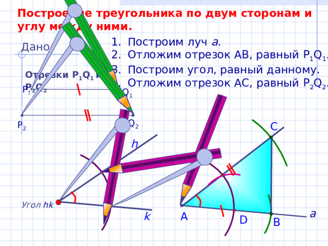 Построение треугольника по двум сторонам и углу между ними. Построим луч а . Отложим отрезок АВ, равный P 1 Q 1 . Построим угол, равный данному. Отложим отрезок АС, равный P 2 Q 2 . Дано: Отрезки Р 1 Q 1  и Р 2 Q 2 P 1 Q 1 Q 2 P 2 С h Угол  hk а k А D В 