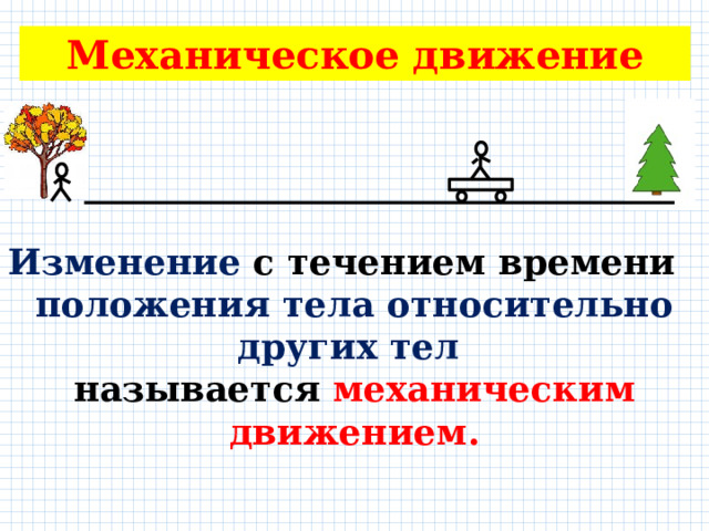 Механическое движение Изменение с течением времени положения тела относительно других тел  называется механическим движением. 