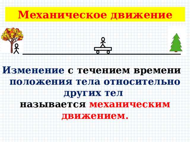 Механическое движение Изменение с течением времени положения тела относительно других тел  называется механическим движением. 