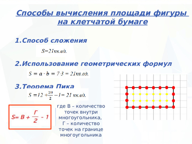 Способы вычисления площади фигуры на клетчатой бумаге Способ сложения  Использование геометрических формул  Теорема Пика где В – количество точек внутри многоугольника, Г – количество точек на границе многоугольника 