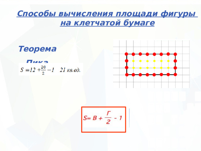 Способы вычисления площади фигуры на клетчатой бумаге  Теорема Пика 