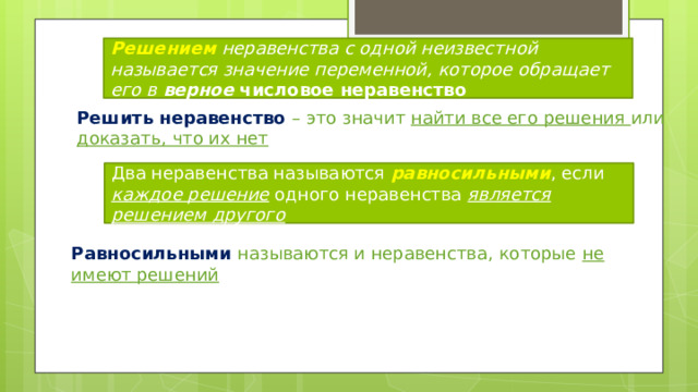 Решением  неравенства с одной неизвестной называется значение переменной, которое обращает его в верное числовое неравенство  Решить неравенство – это значит найти все его решения или доказать, что их нет Два неравенства называются равносильными , если каждое решение одного неравенства является решением другого  Равносильными называются и неравенства, которые не имеют решений 