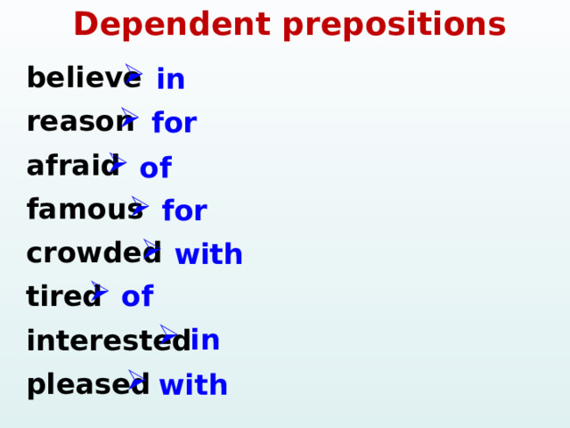 Dependent prepositions believe  reason  afraid  famous  crowded  tired interested pleased  in  for  of  for  with  of  in  with   
