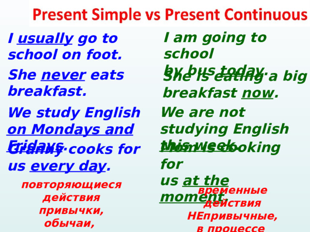  I am going to school by bus today . I usually go to school on foot. She never eats breakfast. She is eating a big breakfast now . We are not studying English this week . We study English on Mondays and Fridays . Mom is cooking for us at the moment . Granny cooks for us every day . повторяющиеся действия привычки, обычаи, рутина временные действия НЕпривычные, в процессе  