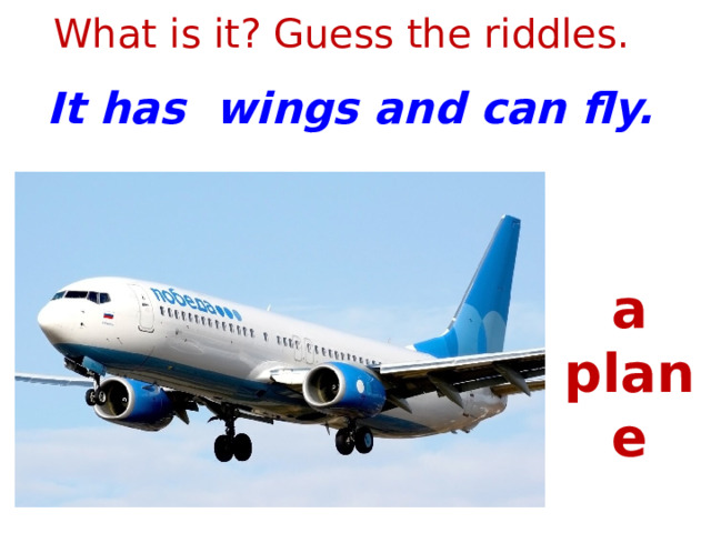 What is it? Guess the riddles. It has wings and can fly. a plane 1 