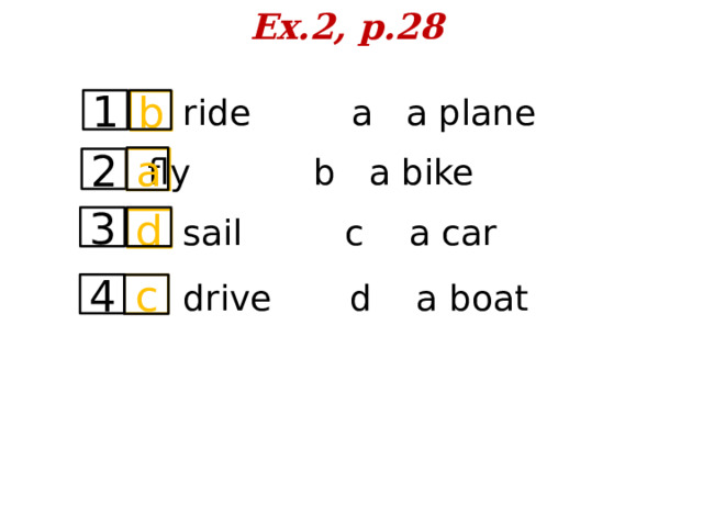 Ex.2, p.28    ride a a plane       fly b a bike      sail  с a car       drive d a boat  ? – Yes, … 4. Mary / ever / win the lottery? Yes, … 5. They / ever / have a car accident? – No, … 1 b 2 a 3 d 4 c 1 