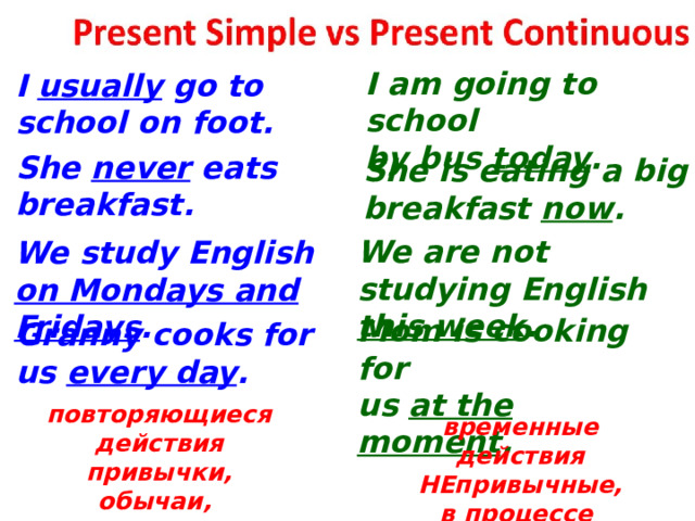  I am going to school by bus today . I usually go to school on foot. She never eats breakfast. She is eating a big breakfast now . We are not studying English this week . We study English on Mondays and Fridays . Mom is cooking for us at the moment . Granny cooks for us every day . повторяющиеся действия привычки, обычаи, рутина временные действия НЕпривычные, в процессе  