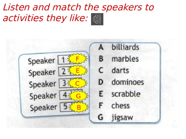 Listen and match the speakers to activities they like: E F C G B  