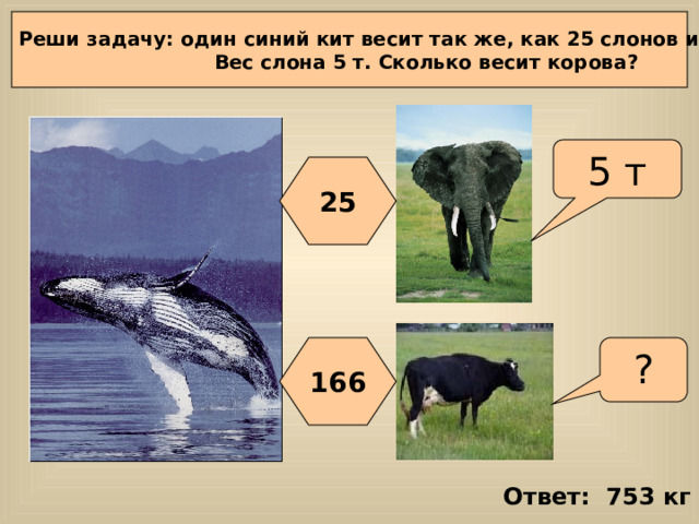 Реши задачу: один синий кит весит так же, как 25 слонов и 166 коров.  Вес слона 5 т. Сколько весит корова? 5 т 25 166 ? Ответ: 753 кг 
