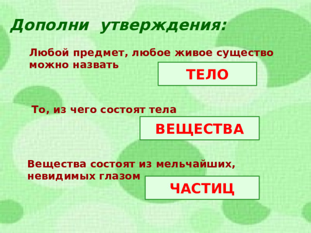 Дополни утверждения: Любой предмет, любое живое существо можно назвать ТЕЛО То, из чего состоят тела ВЕЩЕСТВА Вещества состоят из мельчайших, невидимых глазом ЧАСТИЦ  