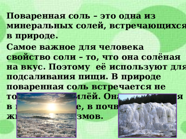 Поваренная соль   Поваренная соль – это одна из минеральных солей, встречающихся в природе. Самое важное для человека свойство соли – то, что она солёная на вкус. Поэтому её используют для подсаливания пищи. В природе поваренная соль встречается не только под землёй. Она содержится в морской воде, в почве, в телах живых организмов. 