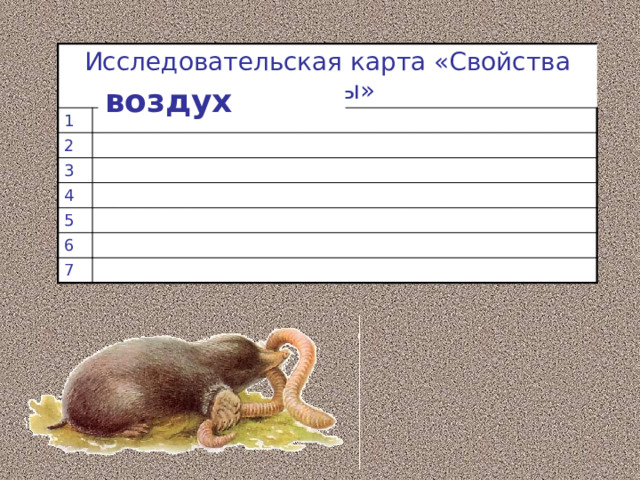 Исследовательская карта «Свойства почвы» 1 2 3 4 5 6 7 воздух 