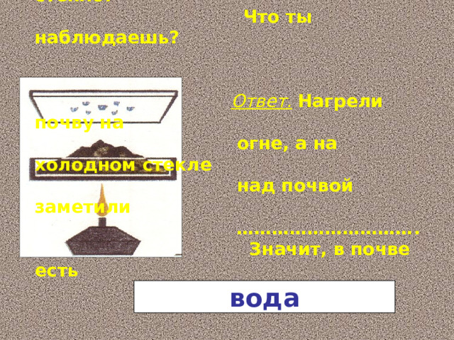 Немного почвы нагреть на огне. Над почвой подержать холодное стекло.  Что ты наблюдаешь?   Ответ.  Нагрели почву на  огне, а на холодном стекле  над почвой заметили ………………………… .  Значит, в почве есть ……………… . вода 