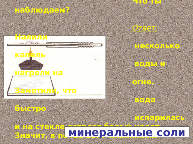 Взять несколько капель воды из стакана, где была почва. Поместили на стекло и нагрели на огне.  Что ты наблюдаем?    Ответ.  Налили  несколько капель  воды и нагрели на  огне. Заметили, что  вода быстро  испарилась и на стекле остался белый налет. Значит, в почве есть ………………. минеральные соли 