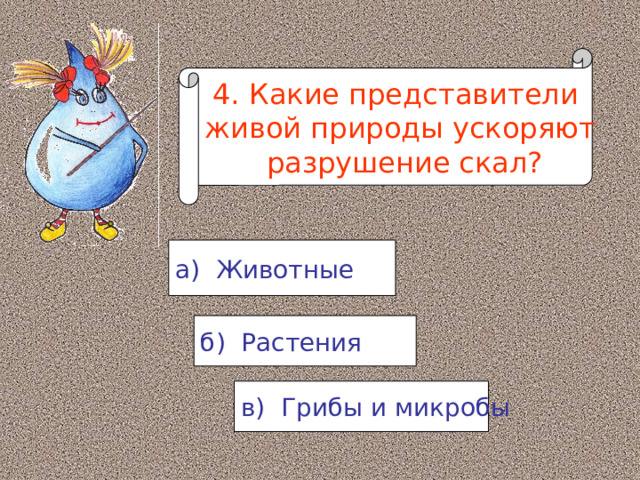 4. Какие представители живой природы ускоряют  разрушение скал? а) Животные б) Растения в) Грибы и микробы 