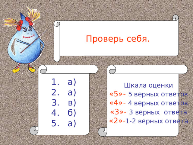 Проверь себя. 1. а) Шкала оценки 2. а) «5»-  5 верных ответов 3. в) «4»- 4 верных ответов 4. б) «3»- 3 верных ответа 5. а) «2»- 1-2 верных ответа 