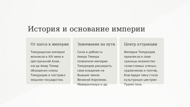 История и основание империи От хаоса к империи Завоевания на пути Центр аттракции Тимуридская империя возникла в XIV веке в Центральной Азии, когда Амир Темир объединил кланы Тимуридов и построил мощное государство. Сила и доблесть Амира Темира позволили империи Тимуридов расширить свои владения на бывшие земли Великой Хорезмии, Мавераннахра и др. Империя Тимуридов привлекла в свои границы множество талантливых ученых, художников и поэтов, благодаря чему стала культурным центром Туркестана.  