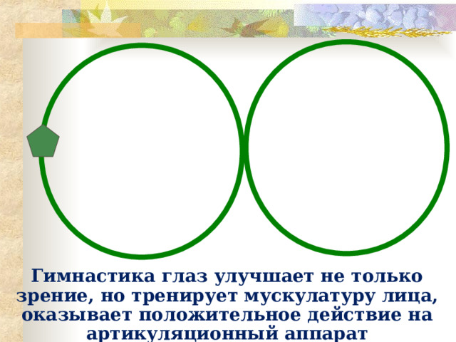 Гимнастика глаз улучшает не только зрение, но тренирует мускулатуру лица, оказывает положительное действие на артикуляционный аппарат 