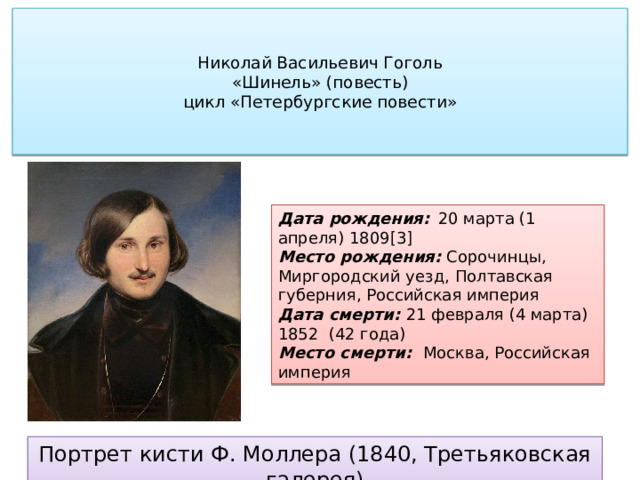   Николай Васильевич Гоголь  «Шинель» (повесть)  цикл «Петербургские повести»    Дата рождения:  20 марта (1 апреля) 1809[3] Место рождения: Сорочинцы, Миргородский уезд, Полтавская губерния, Российская империя Дата смерти: 21 февраля (4 марта) 1852 (42 года) Место смерти: Москва, Российская империя Портрет кисти Ф. Моллера (1840, Третьяковская галерея) 